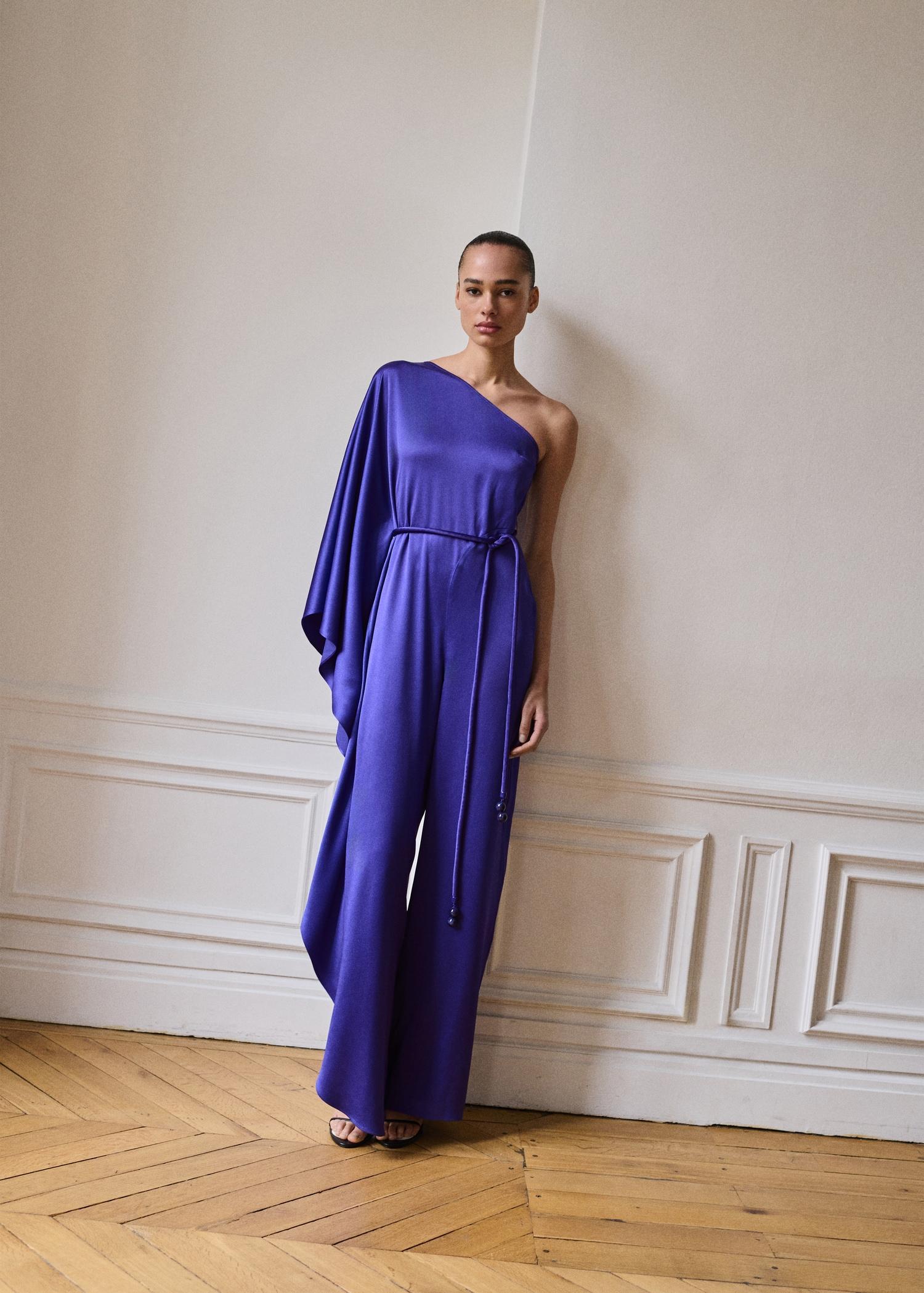 Satin maxi-ruffle jumpsuit - Women | MANGO USA Product Image
