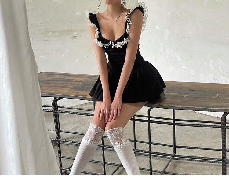 Sleeveless V-Neck Mesh Panel Contrast Lace Trim Layered Mini A-Line Dress Product Image