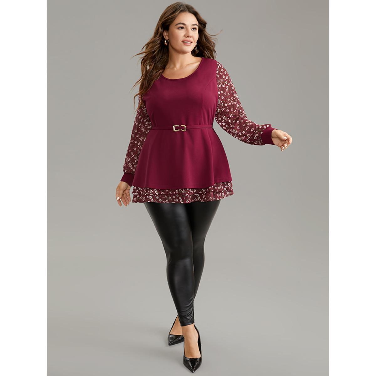 Plus Size Scarlet Ditsy Floral Patchwork Layered Metal Buckle Detail Blouse Women Elegant Long Sleeve Round Neck Work Blouses BloomChic 30/6X Product Image