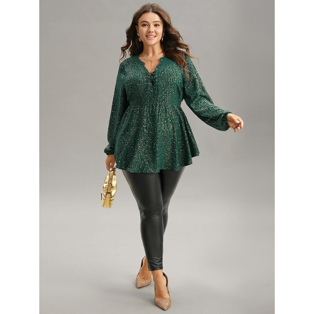 Plus Size Cyan Glitter Lantern Sleeve Elastic Waist Lace Up Blouse Women Cocktail Long Sleeve Tie Neck Party Blouses BloomChic 12/L Product Image