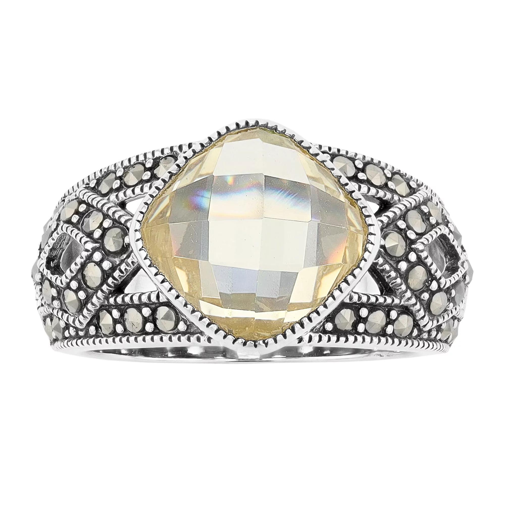 Lavish by TJM Sterling Silver Canary Cubic Zirconia & Marcasite Cushion Ring, Women's, Size: 9 Product Image