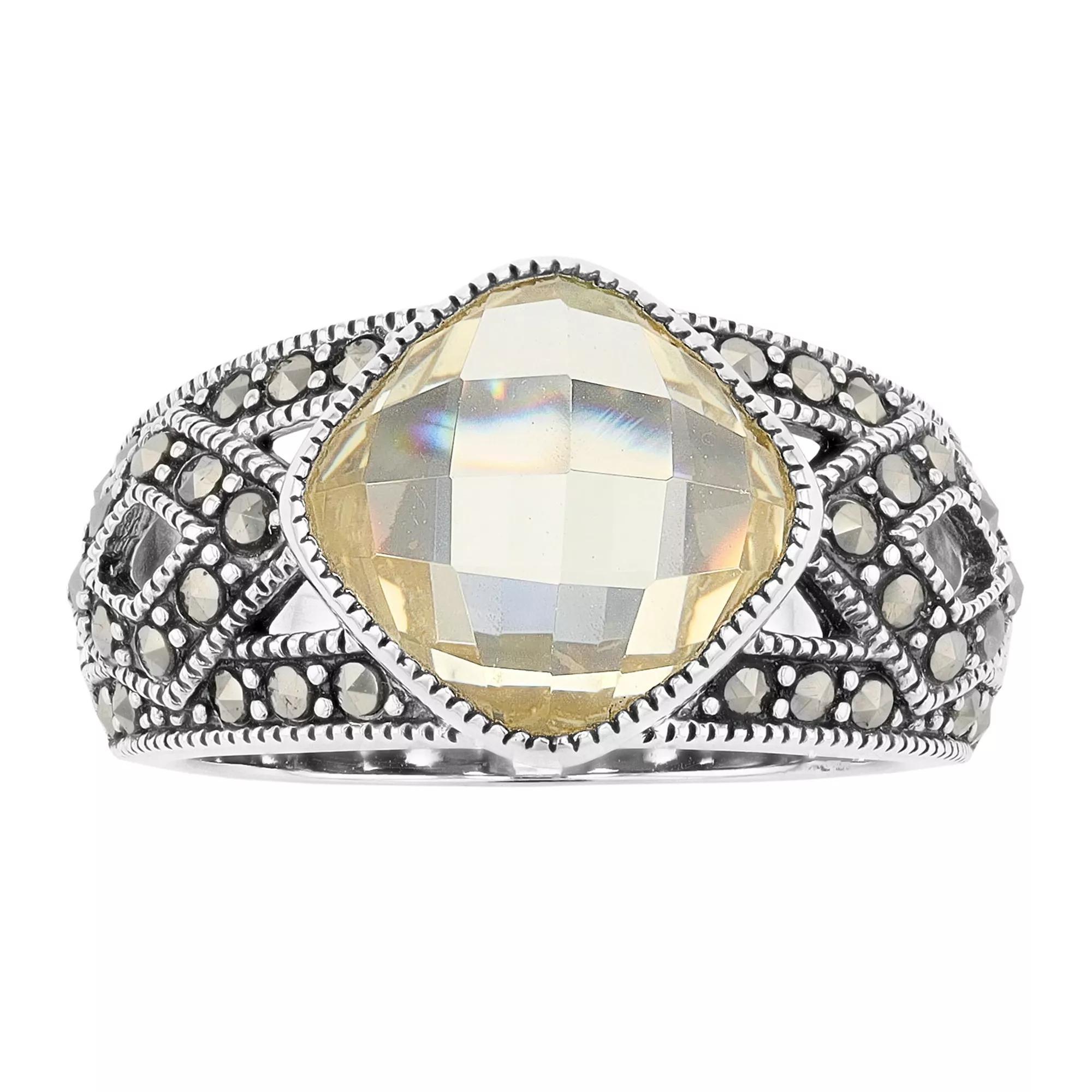 Lavish by TJM Sterling Silver Canary Cubic Zirconia & Marcasite Cushion Ring, Women's, Size: 9 Product Image