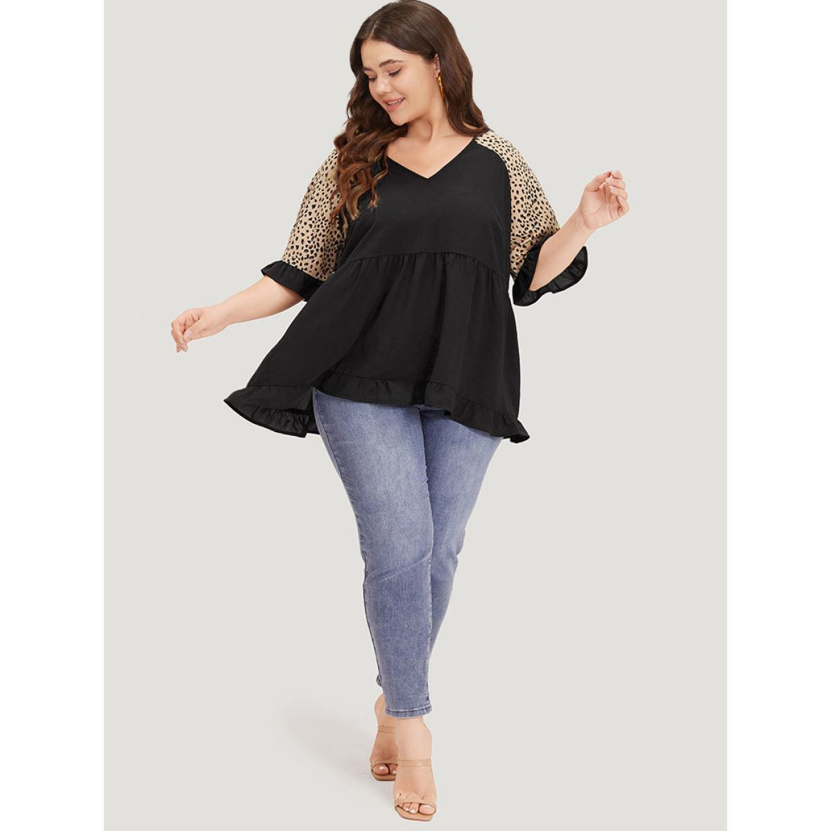 Plus Size Multicolor Leopard Print Raglan Sleeve Gathered Ruffle Trim Blouse Women Elegant Half Sleeve V-neck Dailywear Blouses BloomChic 10/M Product Image