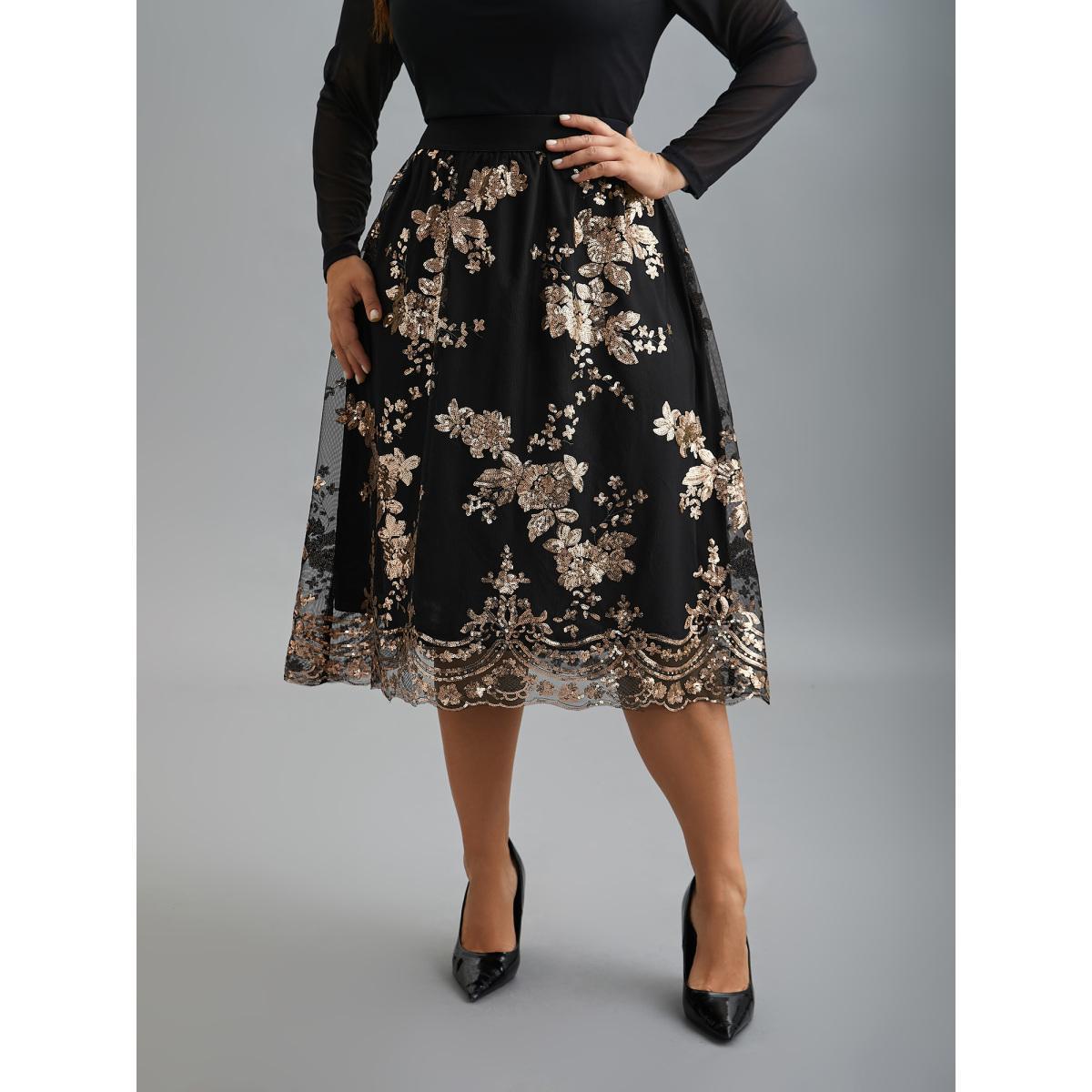 Plus Size Sequin Floral Stretchy Waist Skirt Women Black Cocktail No stretch Party Skirts BloomChic 12/L Product Image