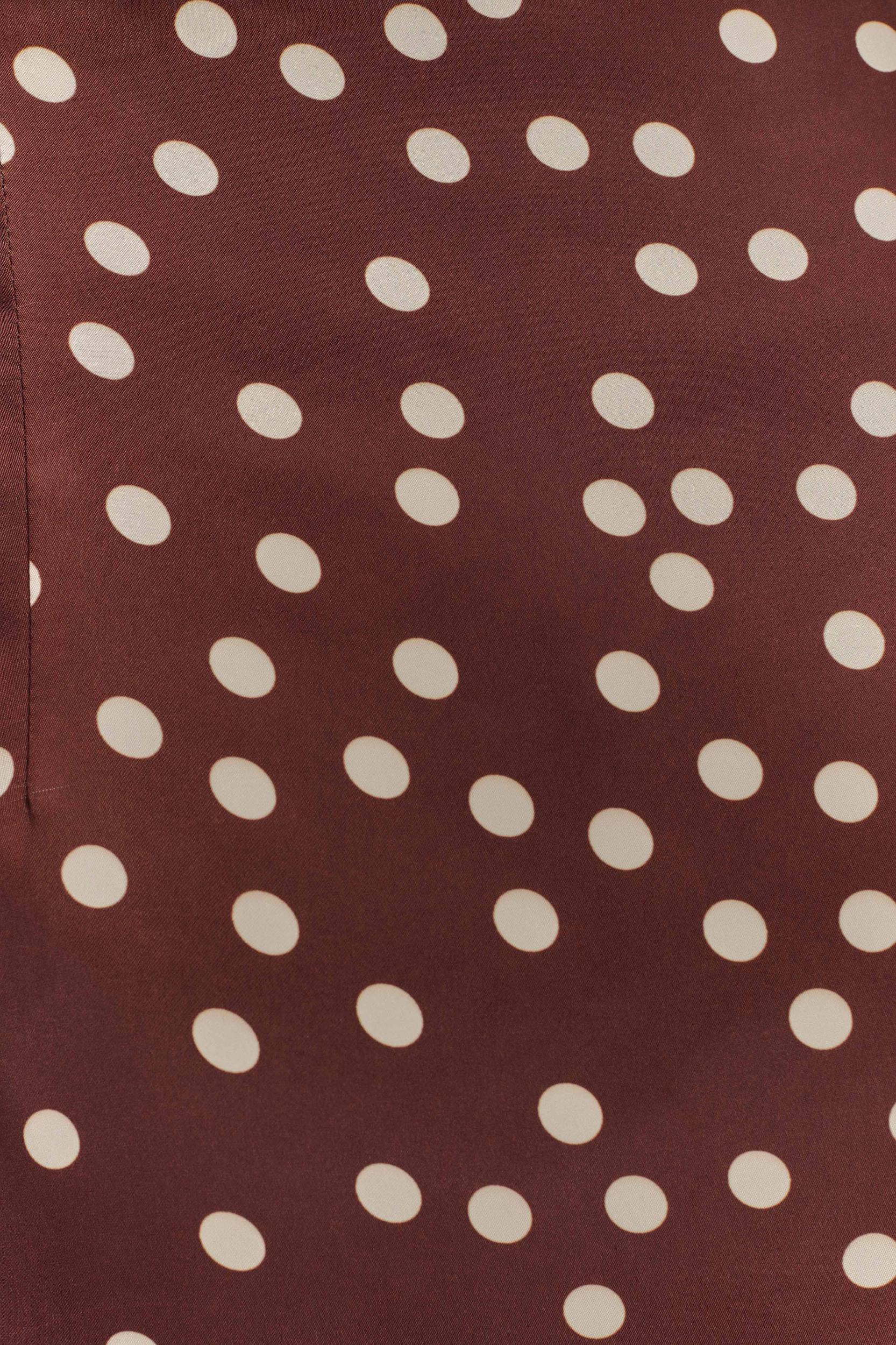 Joan Satin Asymmetrical Mini Dress - Brown Polka Dot Print Product Image