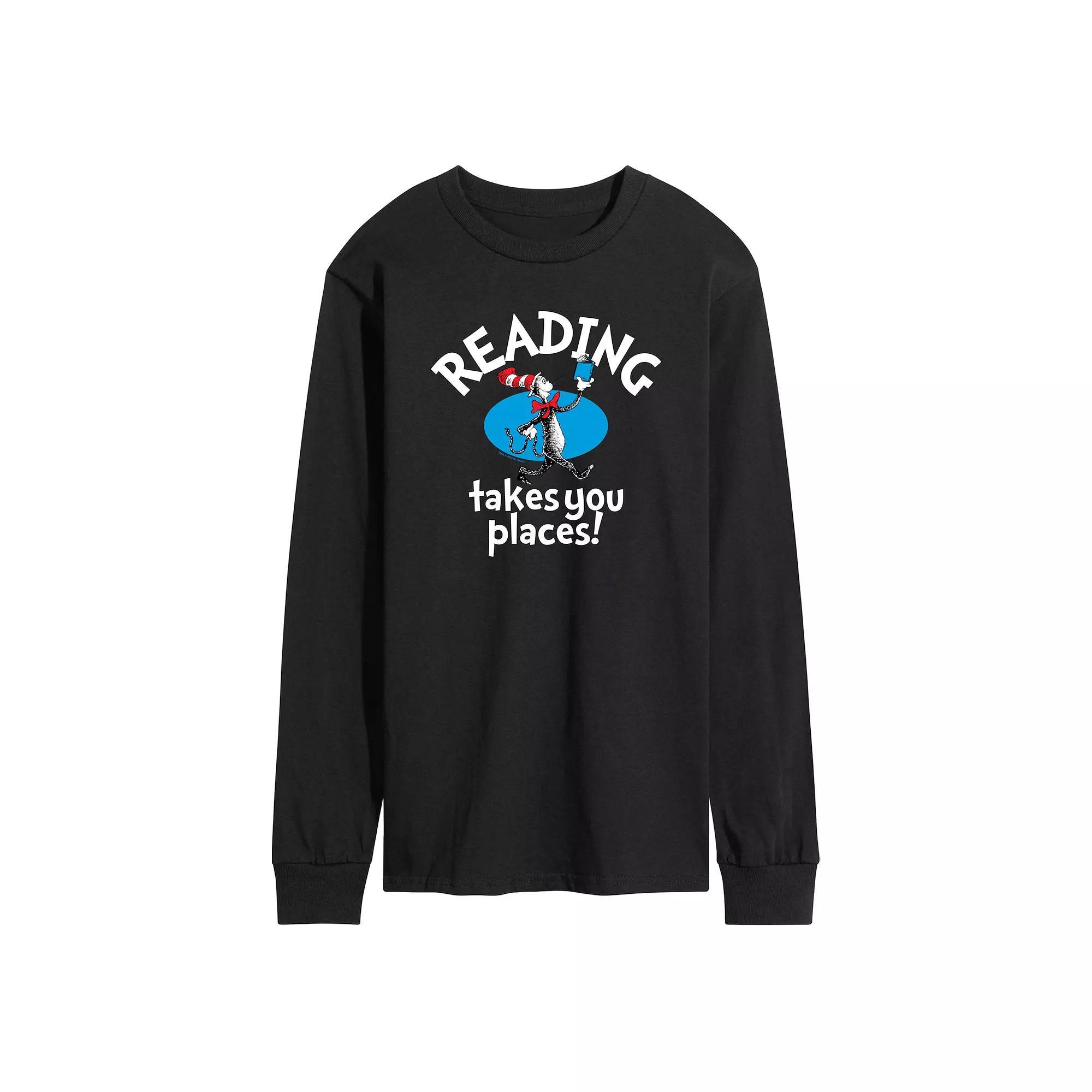 Mens Dr. Seuss The Cat in the Hat Reading Takes You Places Long Sleeve Graphic Tee Blue Product Image
