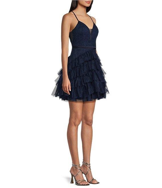 Pear Culture V-Neck Spaghetti Strap Tiered Lace-Up Dress Product Image