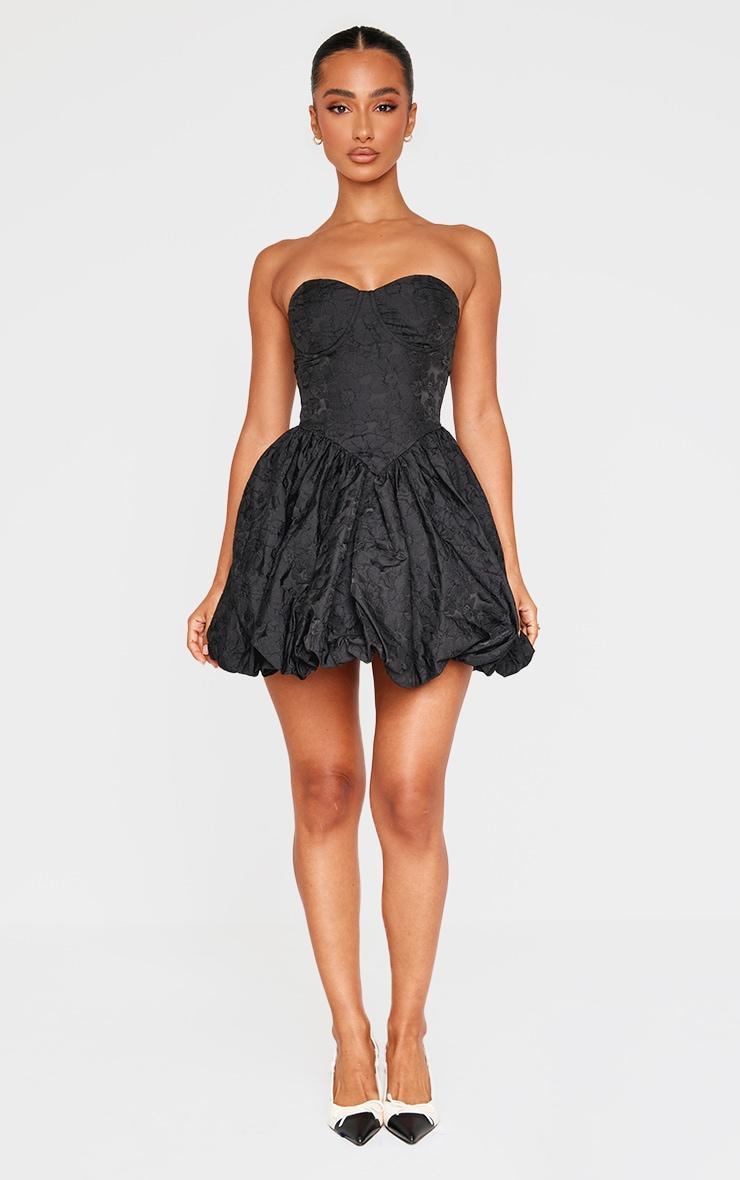 Petite Black Bandeau Jacquard Puffball Mini Dress Product Image