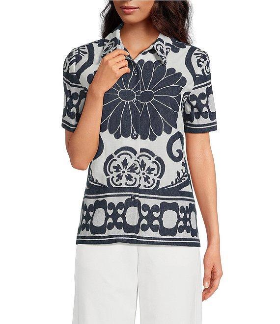 Trina Turk Abba Printed Clip Jacquard Point Collar Short Sleeve Top Product Image