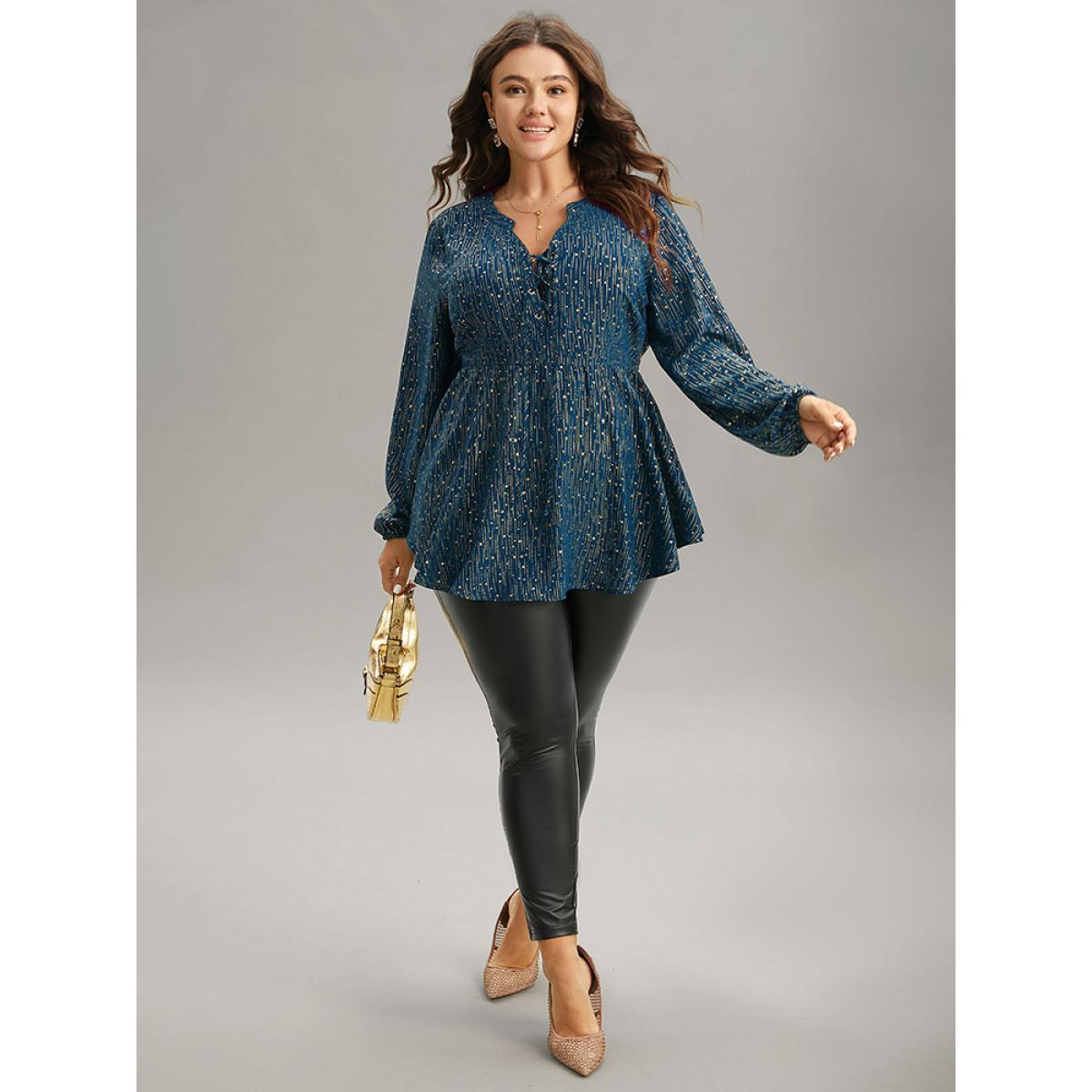 Plus Size Indigo Glitter Lantern Sleeve Elastic Waist Lace Up Blouse Women Cocktail Long Sleeve Tie Neck Party Blouses BloomChic 18-20/2X Product Image