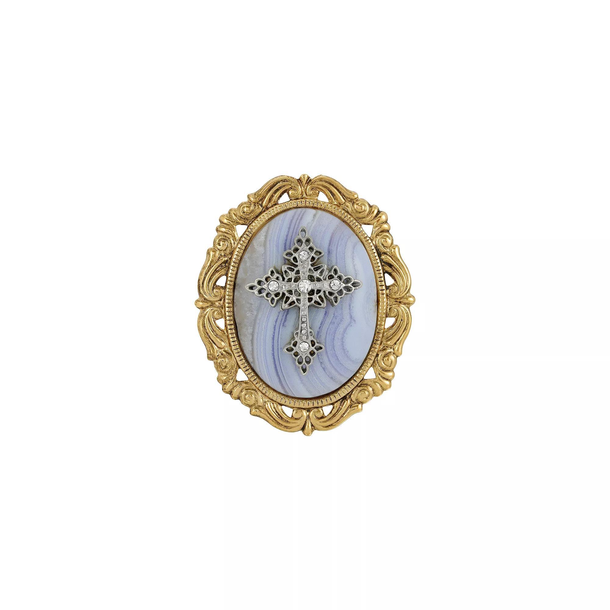 Symbols Of Faith Gold Tone Crystal Cameo Cross Brooch, Womens, Blue Product Image