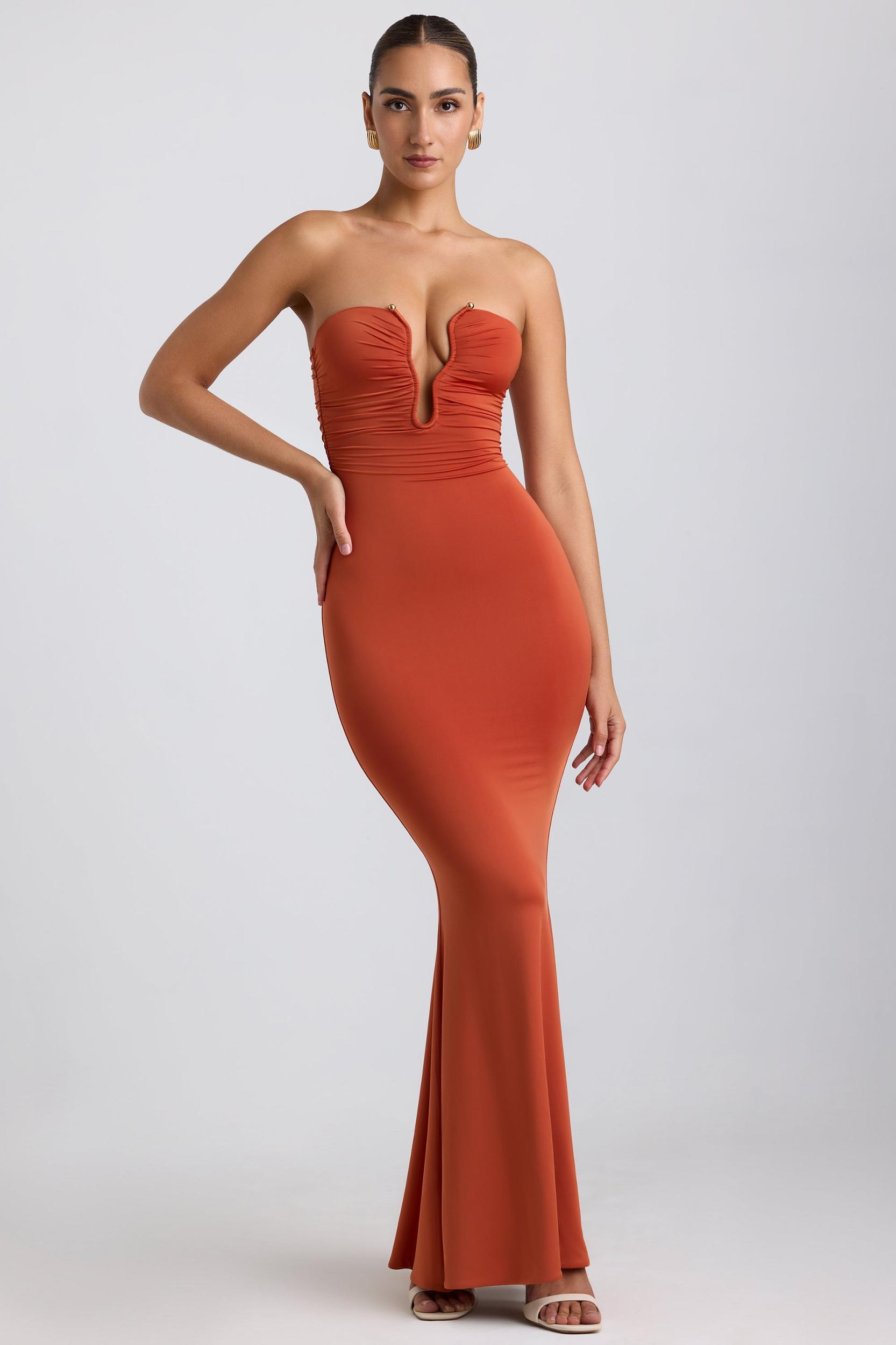 Slinky Jersey Hardware Detail Strapless Maxi Dress in Burnt Orange Product Image