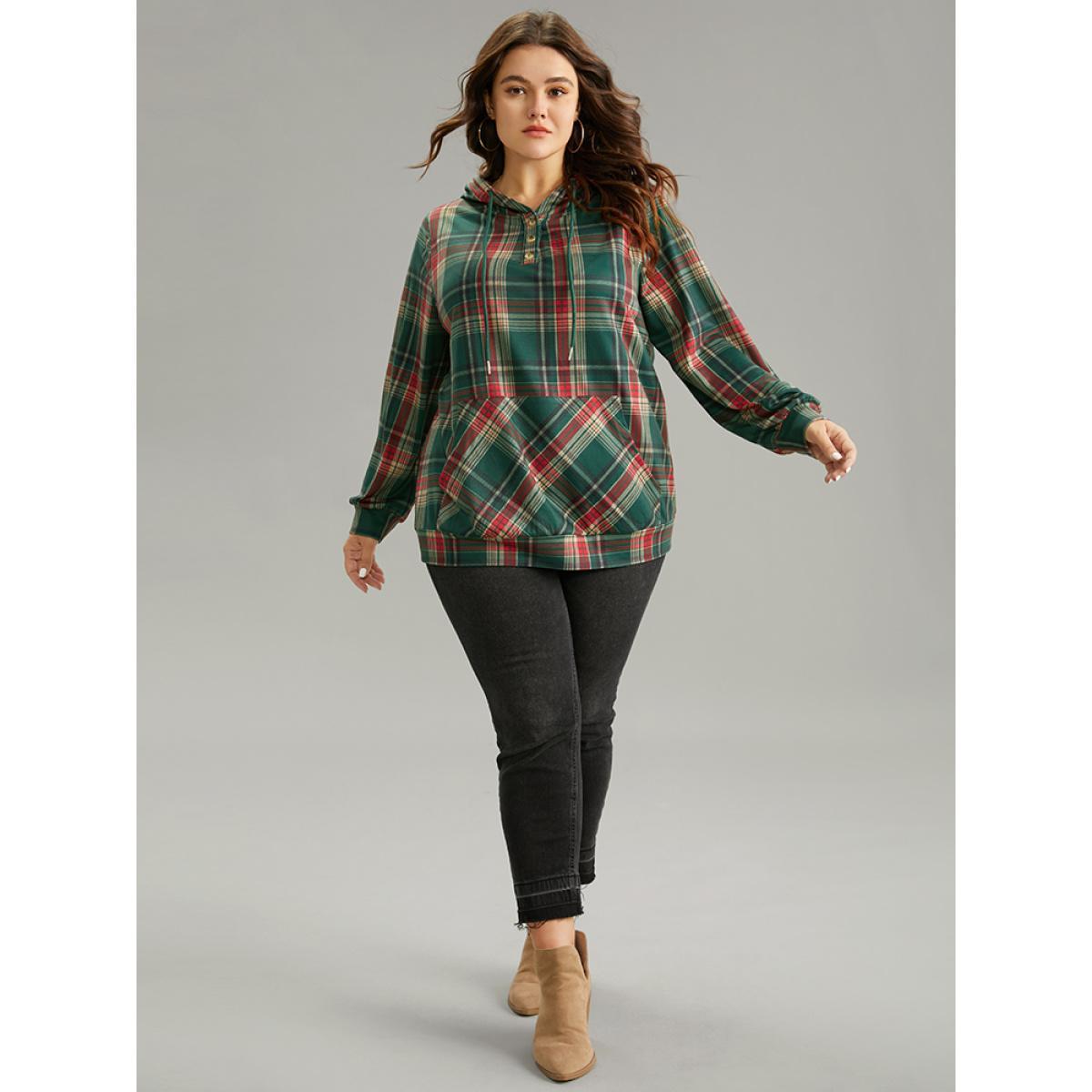 Plus Size Contrast Plaid Button Up Kangaroo Pocket Sweatshirt Women DarkGreen Casual Button Hooded Dailywear Sweatshirts BloomChic 22-24/3X Product Image