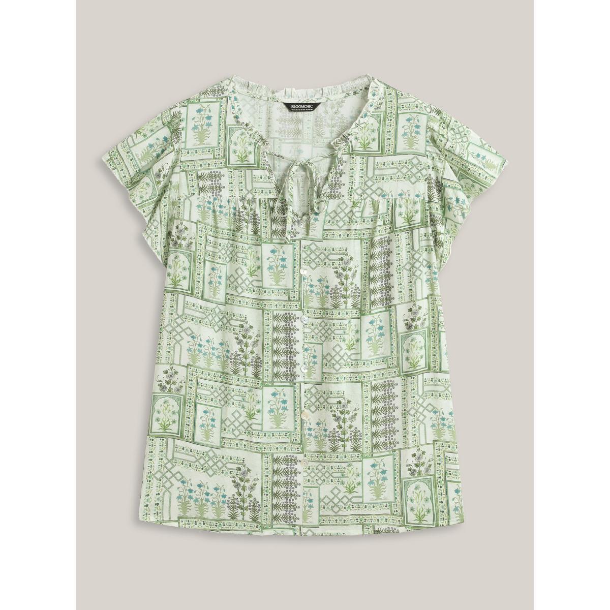 Plus Size Moss Serene Leaf Collage Flutter Sleeve Blouse Women Short sleeve Notched collar Vacation Blouses BloomChic 10/M Product Image