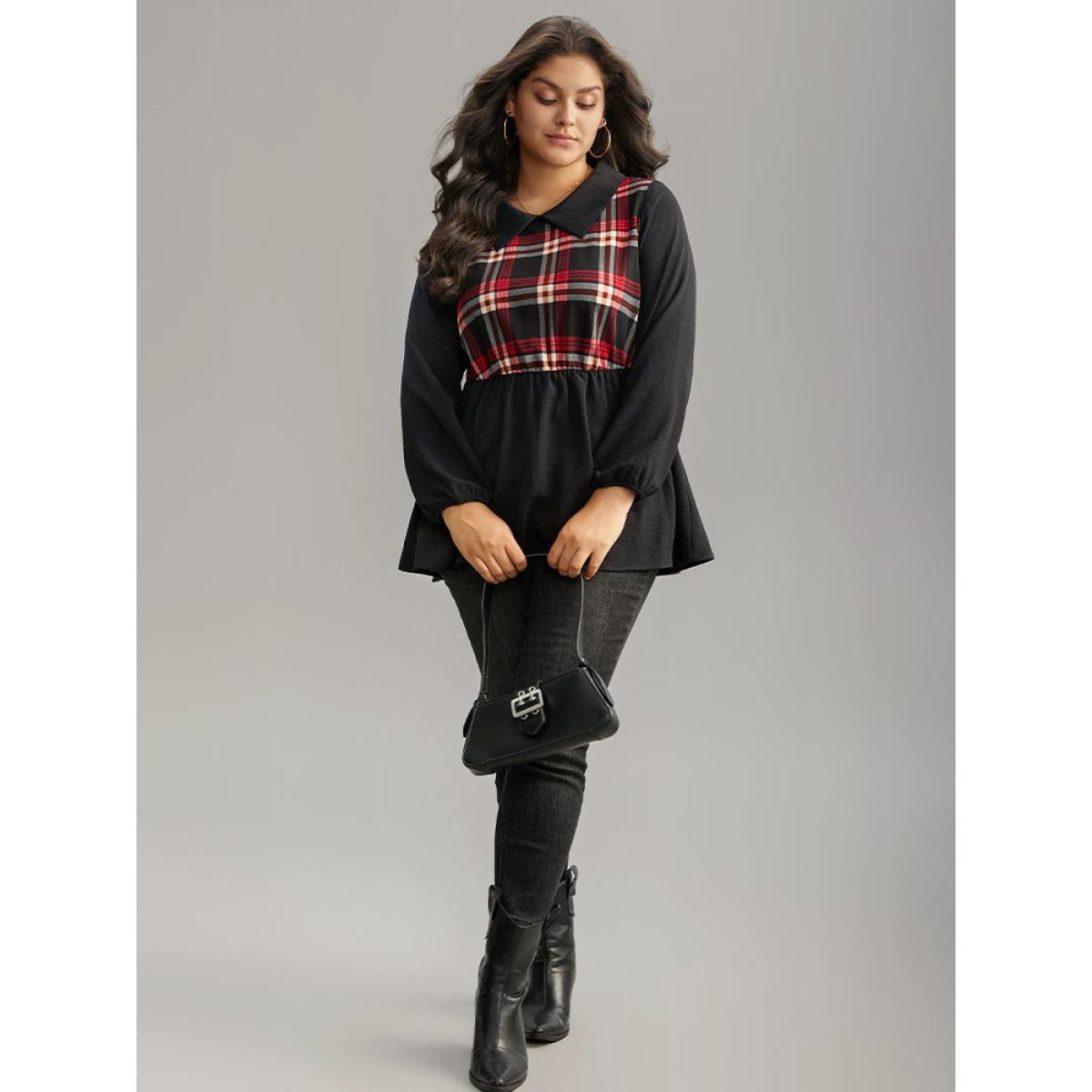 Plus Size Black Plaid Patchwork Lapel Collar Lantern Sleeve Blouse Women Office Long Sleeve Lapel Collar Work Blouses BloomChic 12/L Product Image