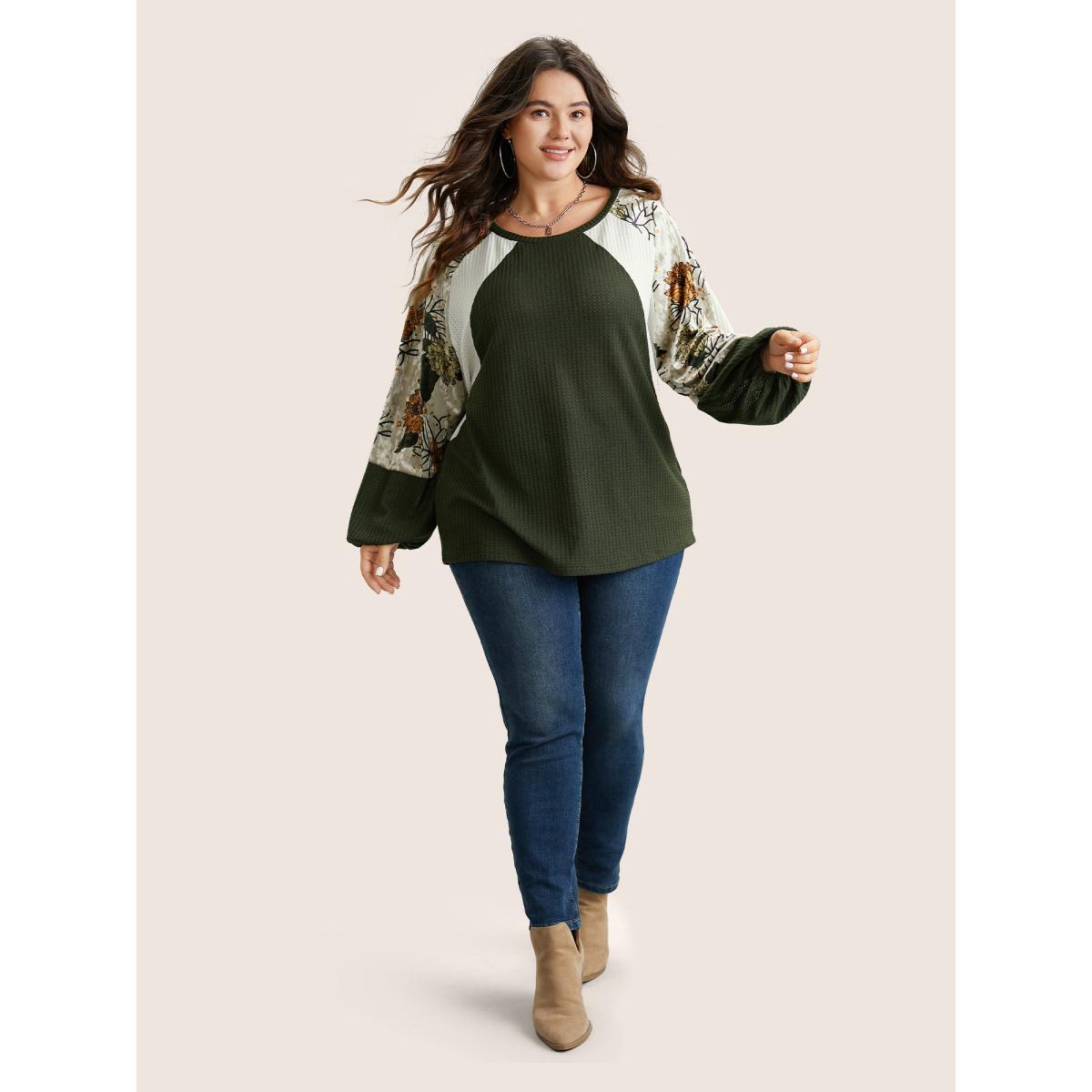 Plus Size Waffle Knit Patchwork Floral Print T-shirt ArmyGreen Women Casual Velvet Floral Round Neck Everyday T-shirts BloomChic 28/5X Product Image