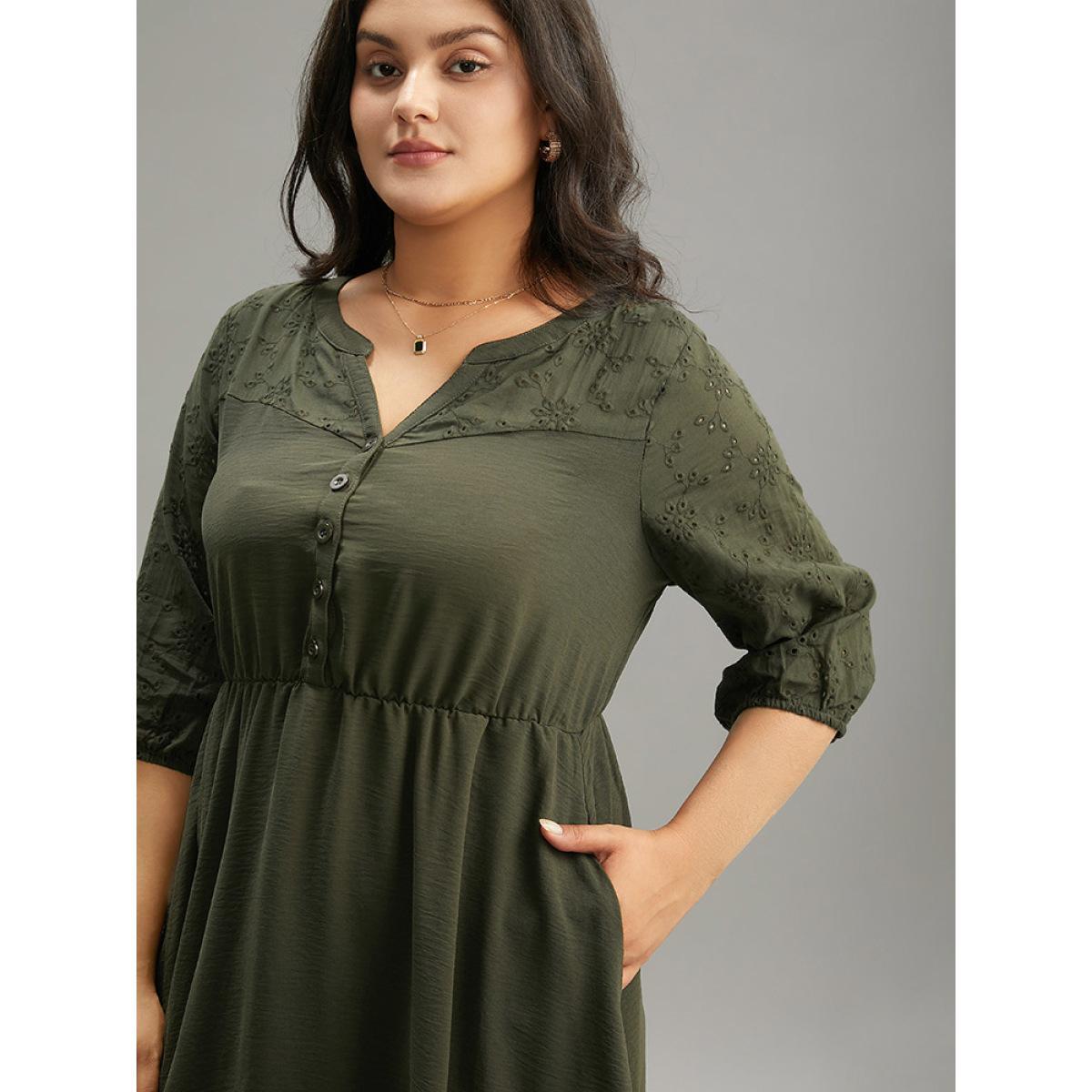 Plus Size Solid Notched Eyelet Patchwork Dress ArmyGreen Women Office Elastic cuffs Notched collar Elbow-length sleeve Curvy Midi Dress BloomChic 28/5X Product Image