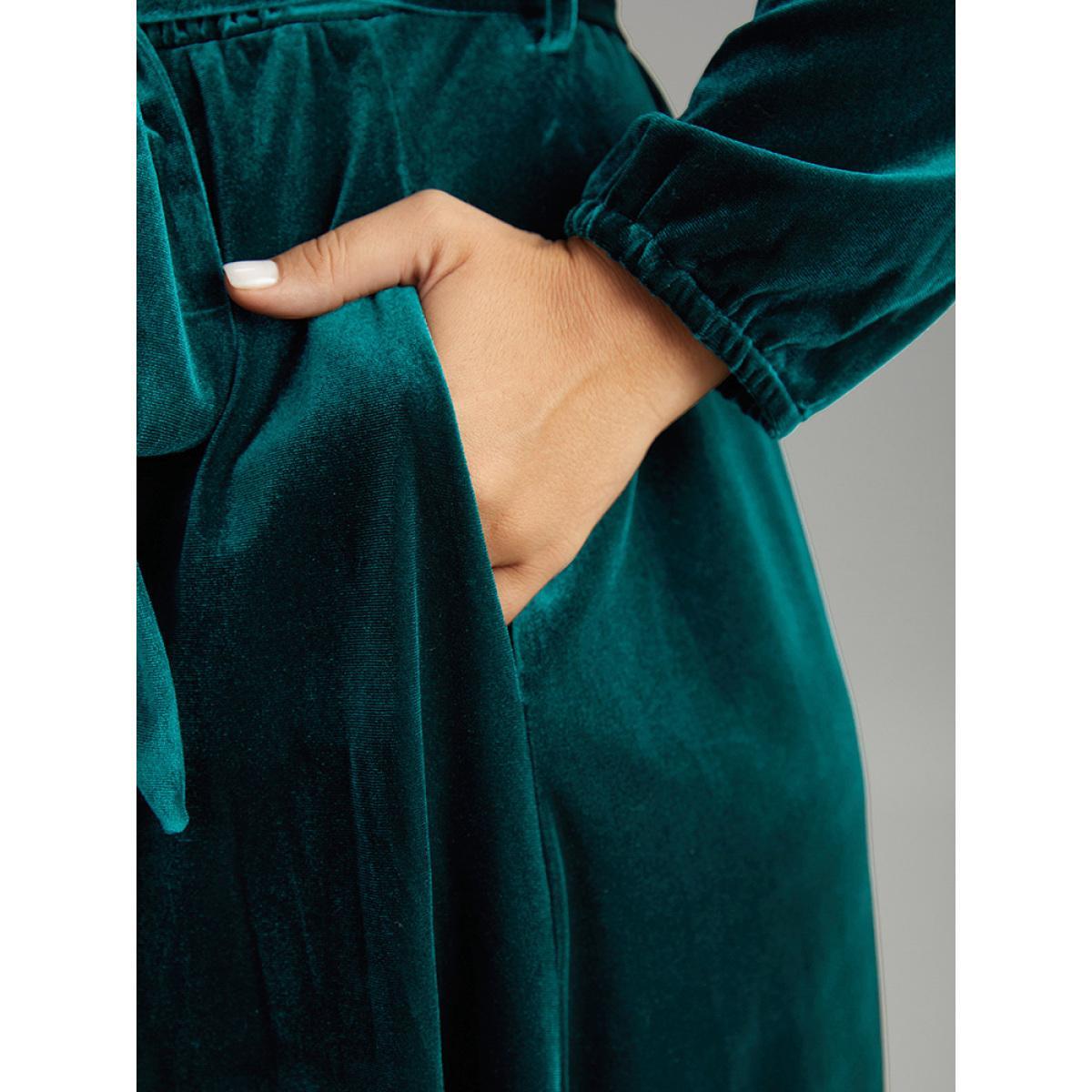 Plus Size Solid Velvet Belted Wrap Arc Hem Dress Cyan Women Elegant Elastic cuffs Overlap Collar Long Sleeve Curvy Midi Dress BloomChic 22-24/3X Product Image