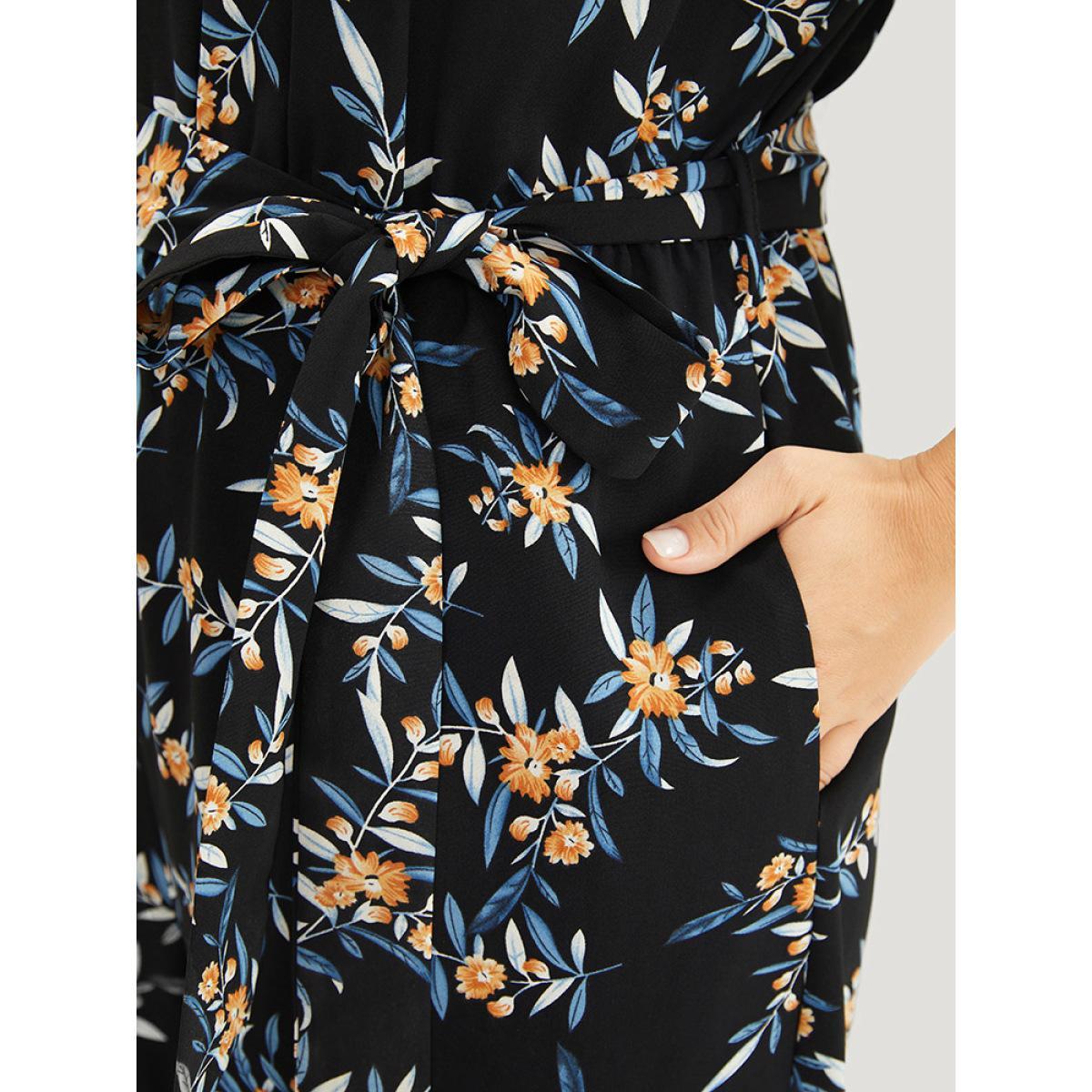 Plus Size Black Floral Mesh Patchwork Crew Neck Pocket Belted Jumpsuit Women Elegant Short sleeve Round Neck Dailywear Loose Jumpsuits BloomChic 14-16/1X Product Image