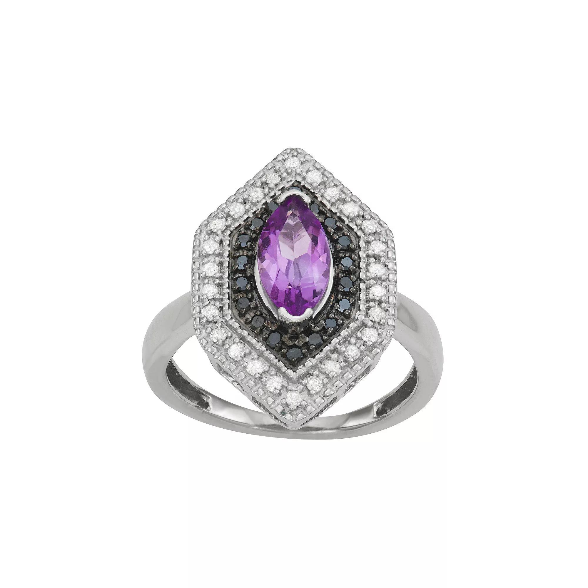 Jewelexcess Sterling Silver Genuine Amethyst & 1/3 Carat T.W. Black & White Diamond Ring, Women's, Size: 6, Purple Product Image