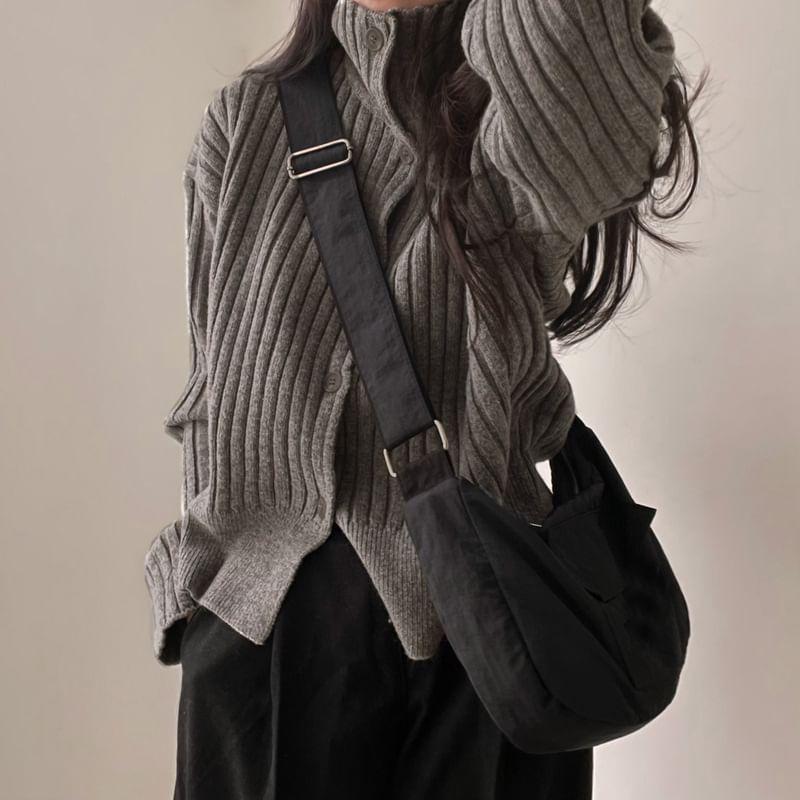 Stand Collar Plain Ribbed Cardigan Product Image