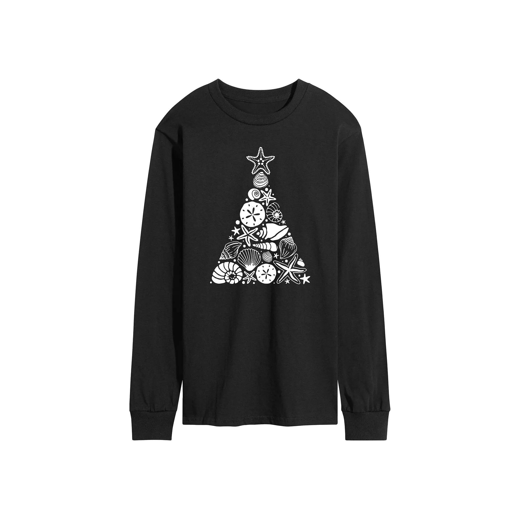 Men's Sea Shell Christmas Tree Long Sleeve Graphic Tee, Size: XL, Black Product Image