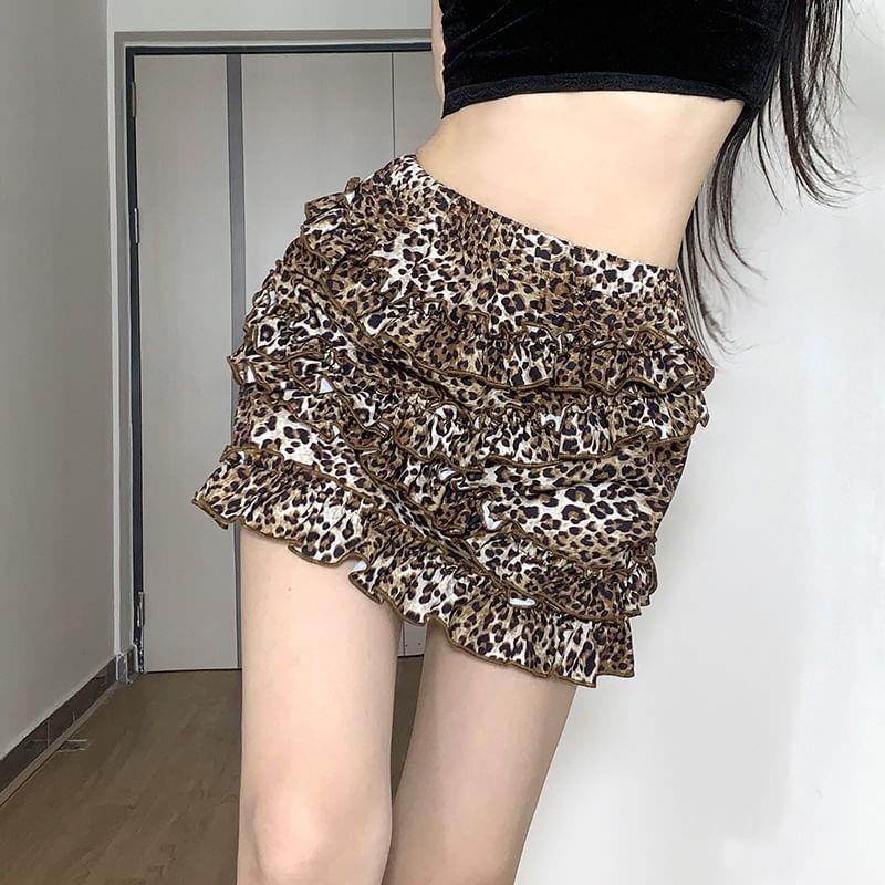 High Rise Leopard Ruffle Trim Mini Pencil Skirt Product Image