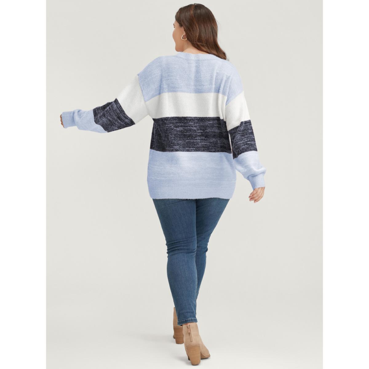 Plus Size Colorblock Contrast Super Soft Plush Knit V Neck Pullover LightBlue Women Elegant Loose Long Sleeve V-neck Dailywear Pullovers BloomChic 10/M Product Image