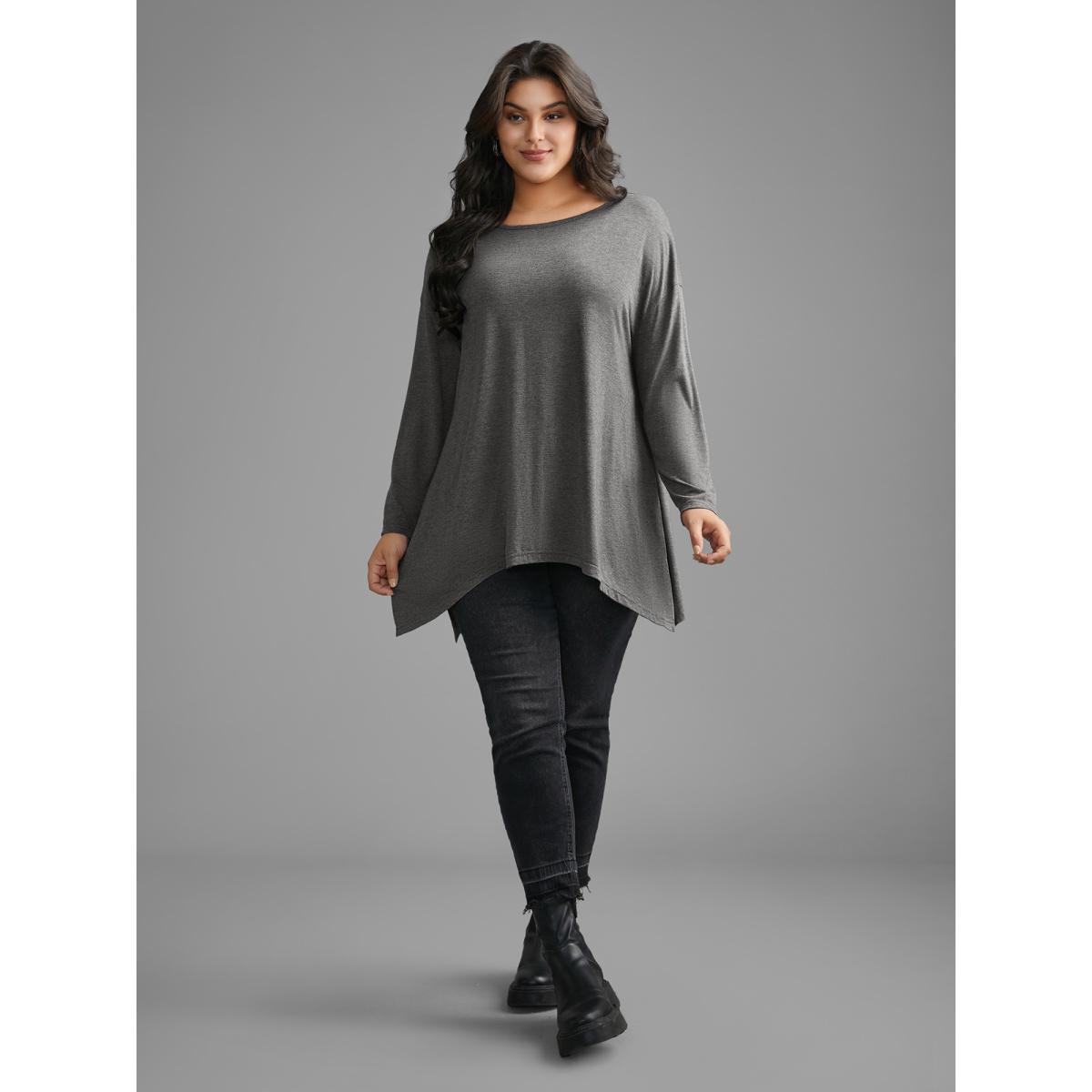 Plus Size Plain Boat Neck Asymmetrical Hem T-shirt DarkGray Women Casual Asymmetrical Boat Neck Loose Everyday T-shirts BloomChic 18-20/2X Product Image