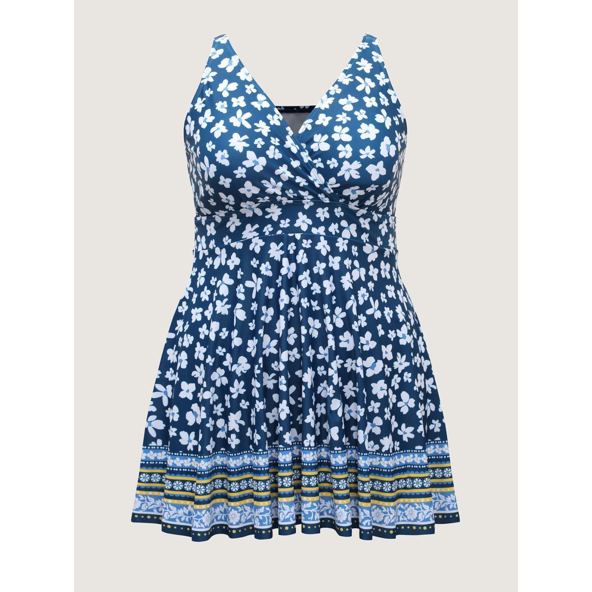 Plus Size Floral Print Contrast Swim Dress Women's Swimwear Indigo Beach Bodycon Overlap Collar High stretch Curve Swim Dresses BloomChic 26/4X Product Image