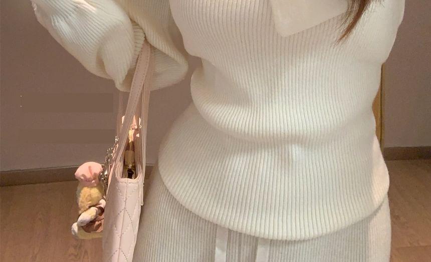 Mock Neck Flower Detail Panel Ribbed Sweater Product Image