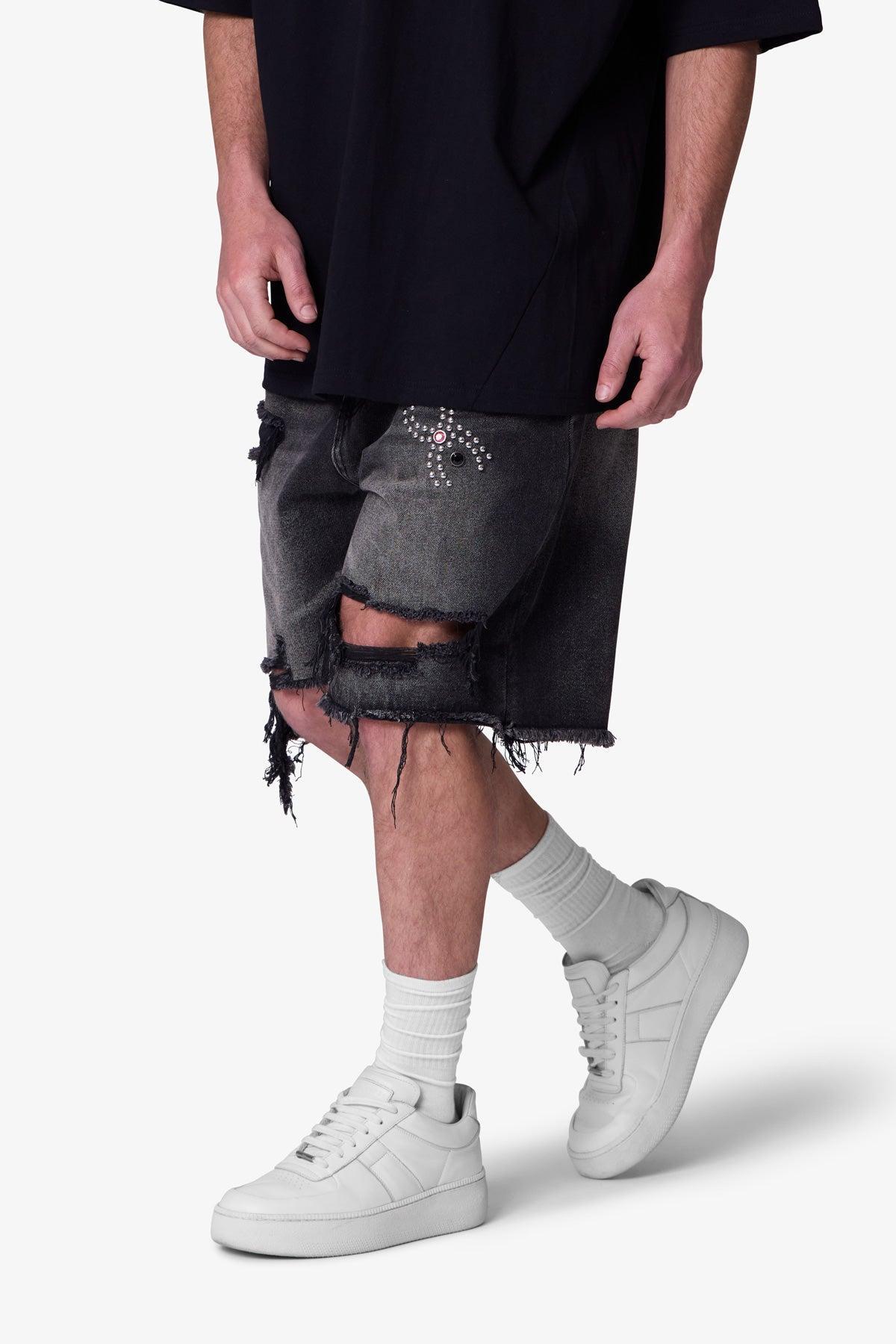 Distressed Spider Denim Shorts - Washed Black Product Image