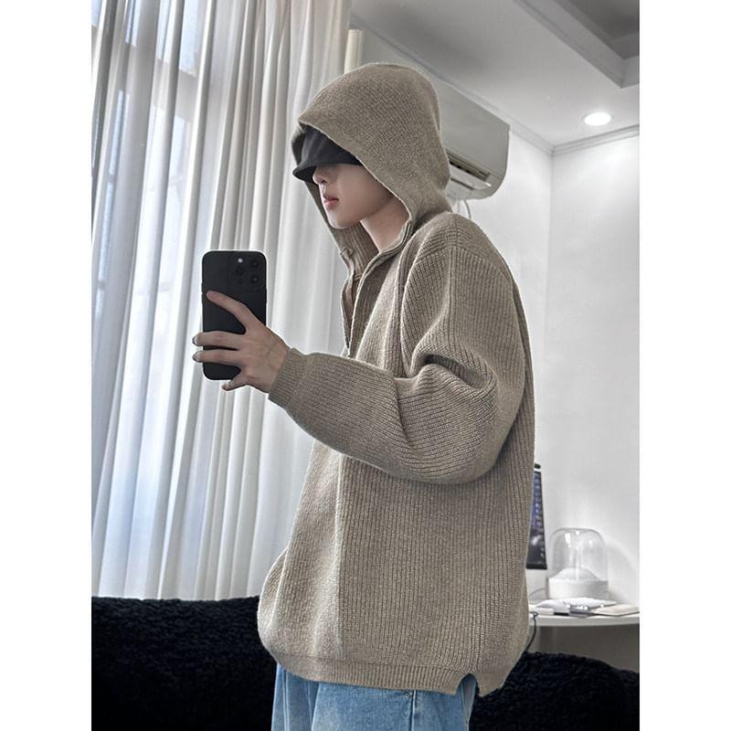 Half-Zip Plain Hooded Ribbed Sweater Product Image