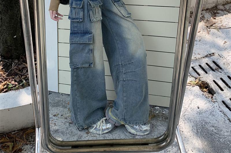 Mid Waist Washed Wide Leg Cargo Jeans Product Image