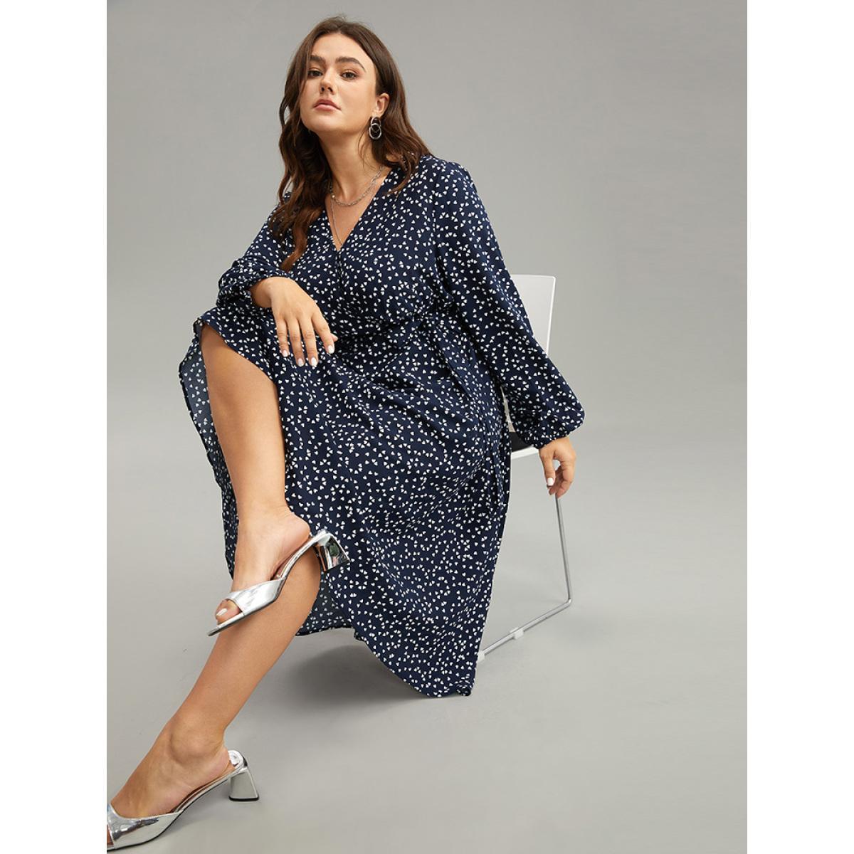 Plus Size Heart Print Belted Surplice Neck Dress DarkBlue Women Elegant Elastic cuffs V-neck Long Sleeve Curvy Midi Dress BloomChic 22-24/3X Product Image