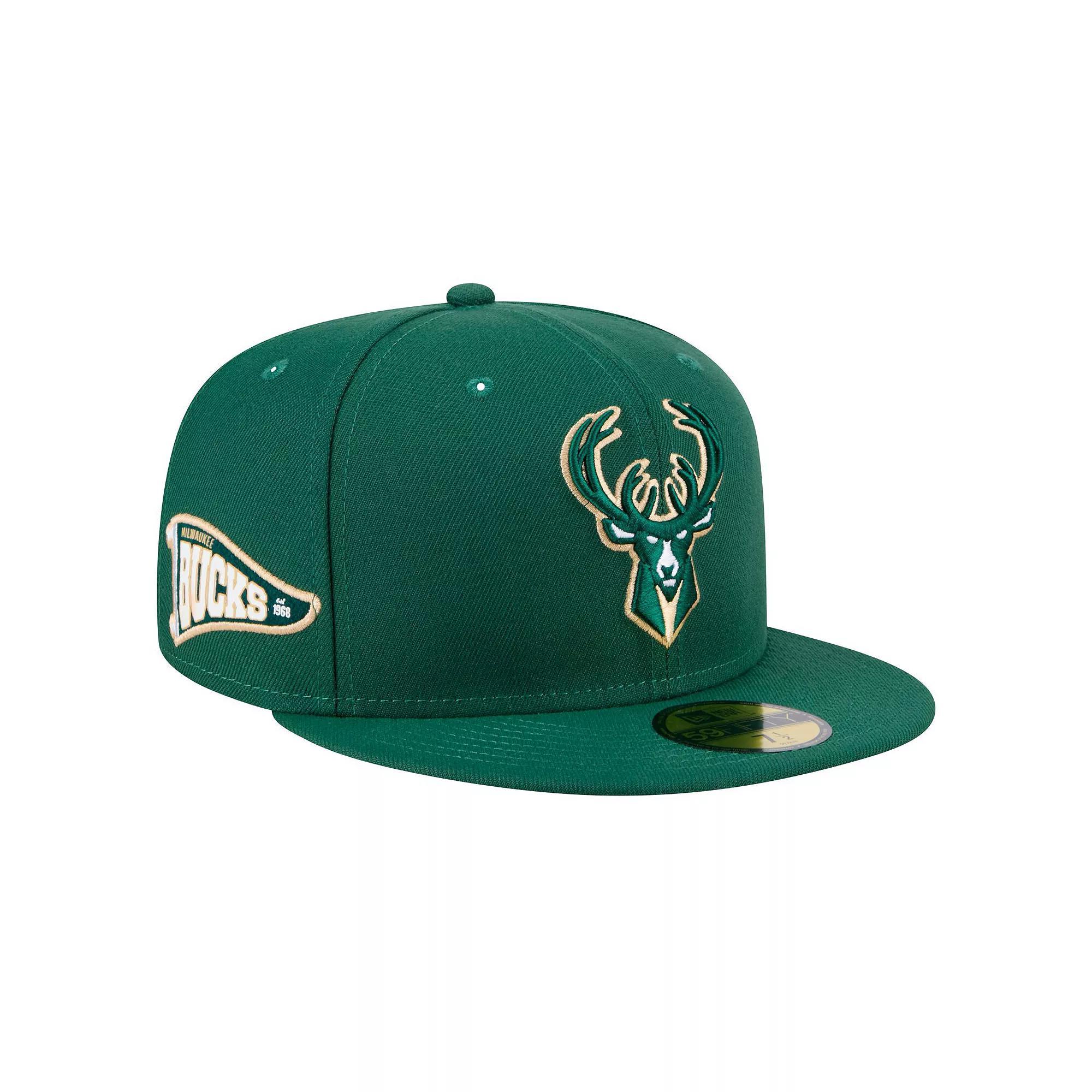Men's New Era Hunter Green Milwaukee Bucks Throwback Pennant 59FIFTY Fitted Hat, Size: 7 1/4, Team Product Image