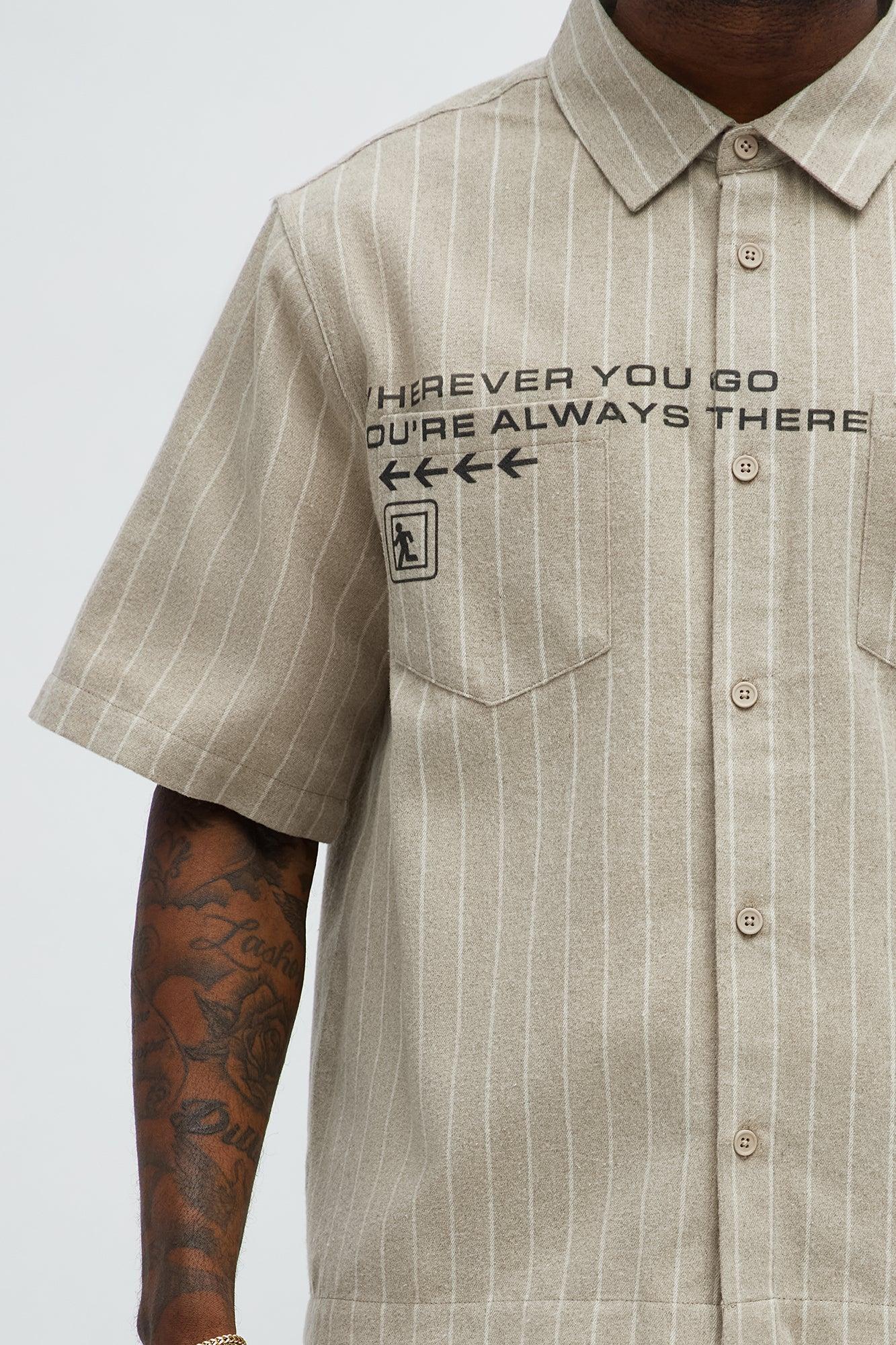 Worldwide Striped Cropped Button Up Shirt - Stone Product Image