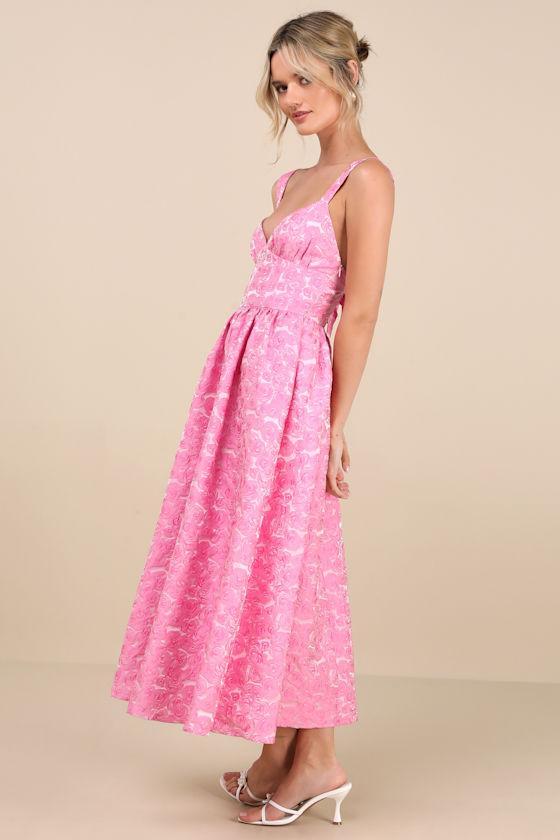Rudra Pink Floral Jacquard A-Line Backless Midi Dress Product Image