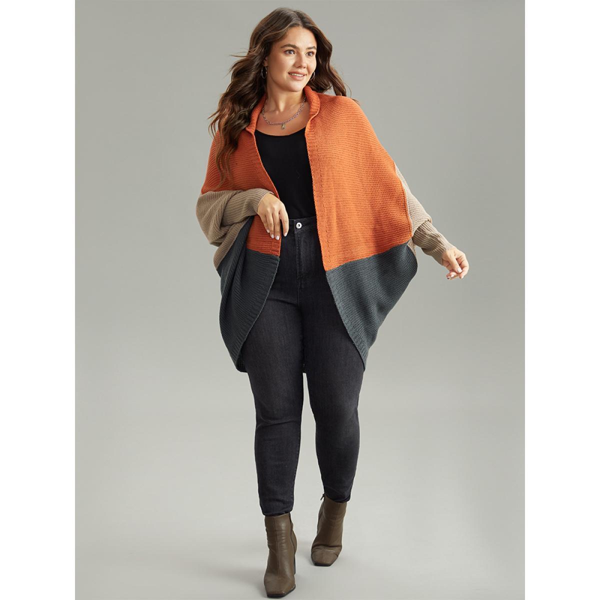 Plus Size Colorblock Batwing Sleeve Patchwork Cardigan Multicolor Women Casual Loose Long Sleeve Everyday Cardigans BloomChic 12/L Product Image