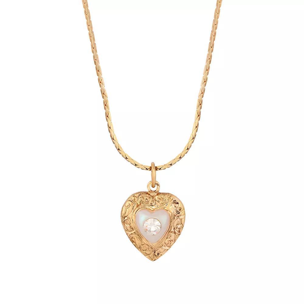 1928 Gold Tone Crystal Vintage Heart Pendant Necklace, Womens, White Product Image