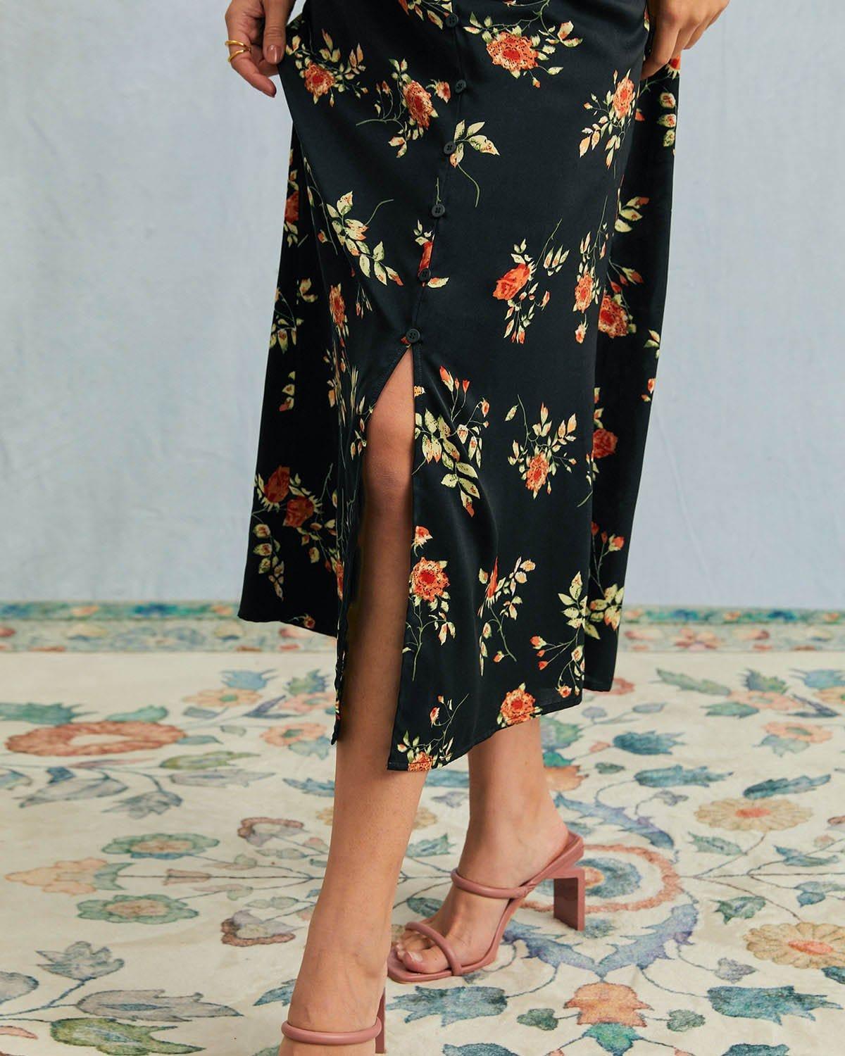 The Black V Neck Floral Short Sleeve Maxi Dress Product Image