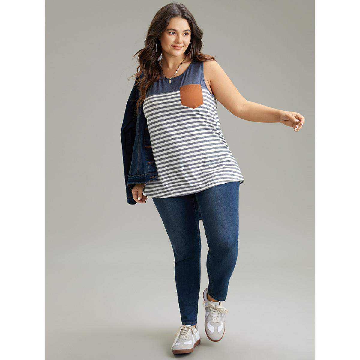 Plus Size Striped Patchwork Contrast Pocket Tank Top Women Blue Casual Contrast Round Neck Dailywear Tank Tops Camis BloomChic 10/M Product Image