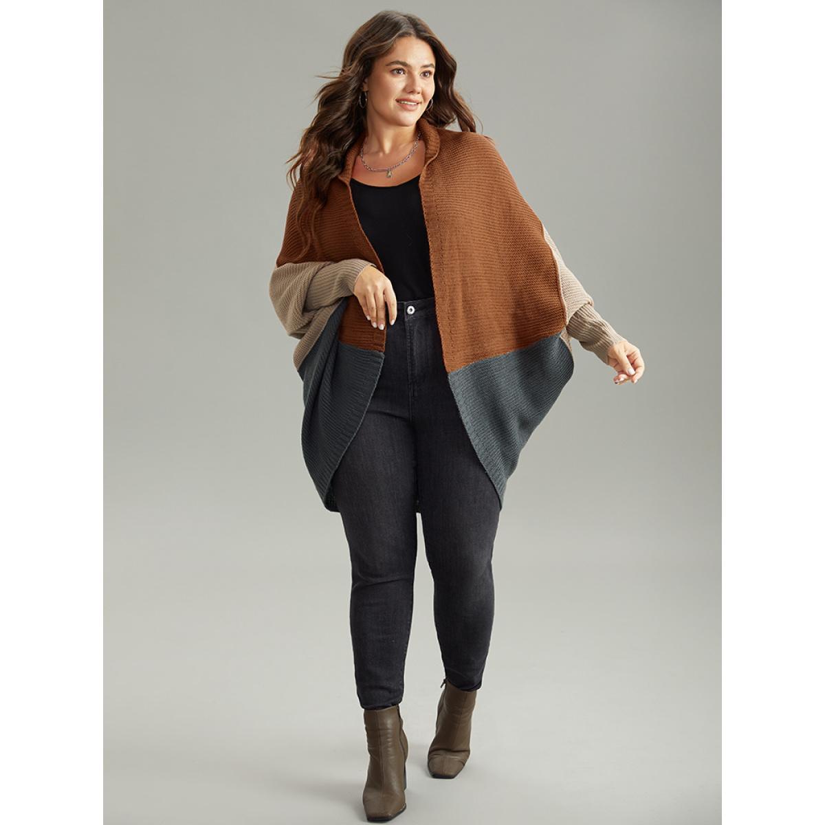 Plus Size Colorblock Batwing Sleeve Patchwork Cardigan DarkBrown Women Casual Loose Long Sleeve Everyday Cardigans BloomChic 30/6X Product Image