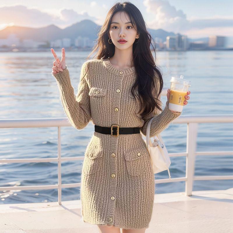 Long Sleeve Round Neck Plain Button Down Cable Knit Mini Sweater Dress Product Image