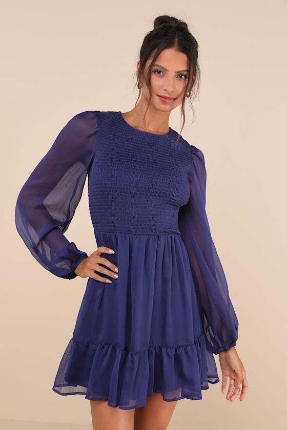 Simply the Sweetest Dark Blue Long Sleeve Smocked Mini Dress Product Image