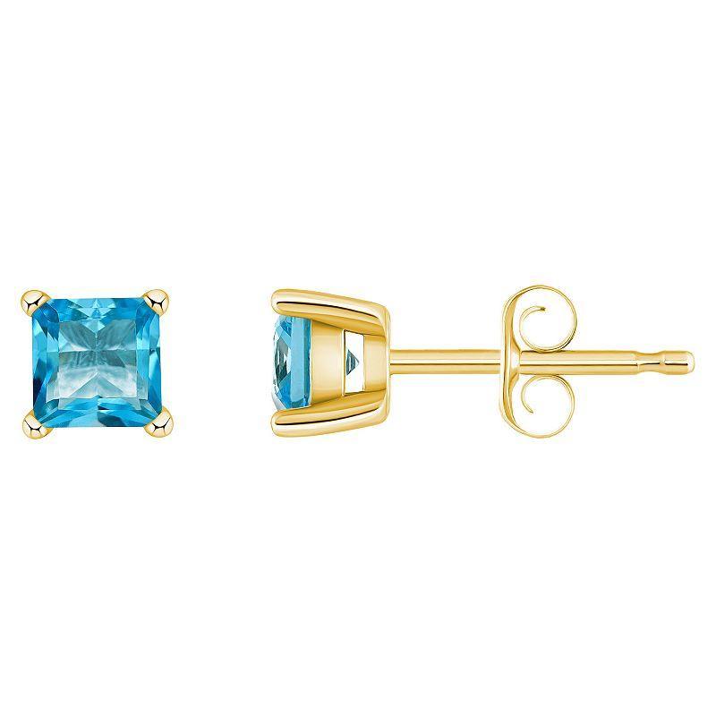 14k Gold 4 mm Princess Cut Swiss Blue Topaz Stud Earrings, Women's, 14k Yellow Gold Product Image