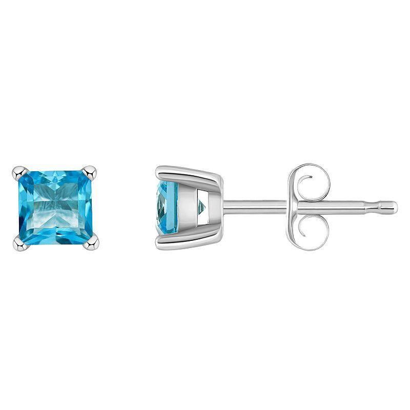 14k Gold 4 mm Princess Cut Swiss Blue Topaz Stud Earrings, Women's, 14k Yellow Gold Product Image