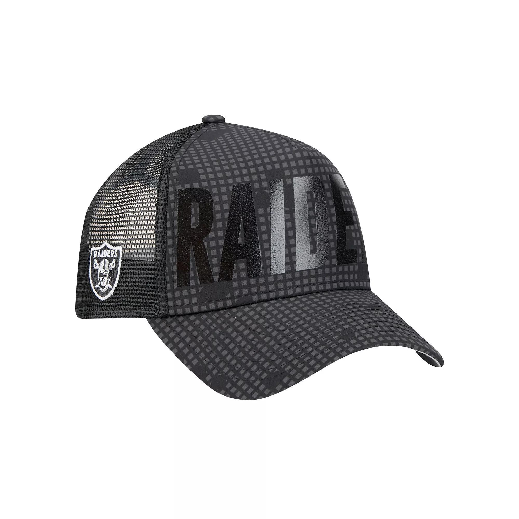 Men's New Era Black Las Vegas Raiders  Midnight Ink Tonal Text A-Frame Trucker 9FORTY Adjustable Hat, Lvr Black Product Image