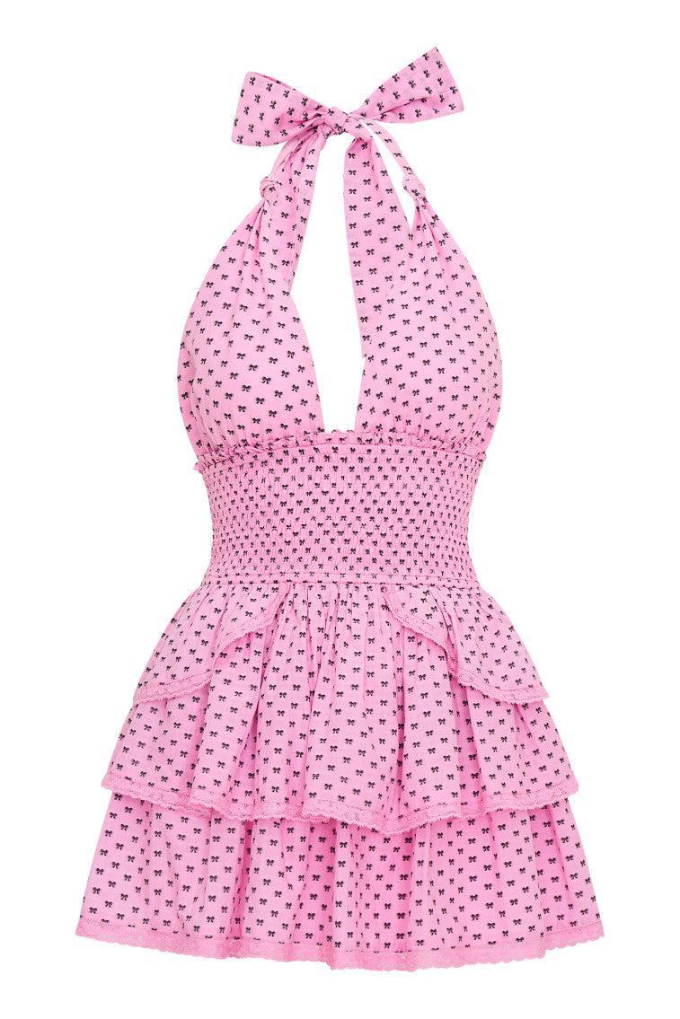 Deanna Cotton Bow Mini Halter Dress Product Image
