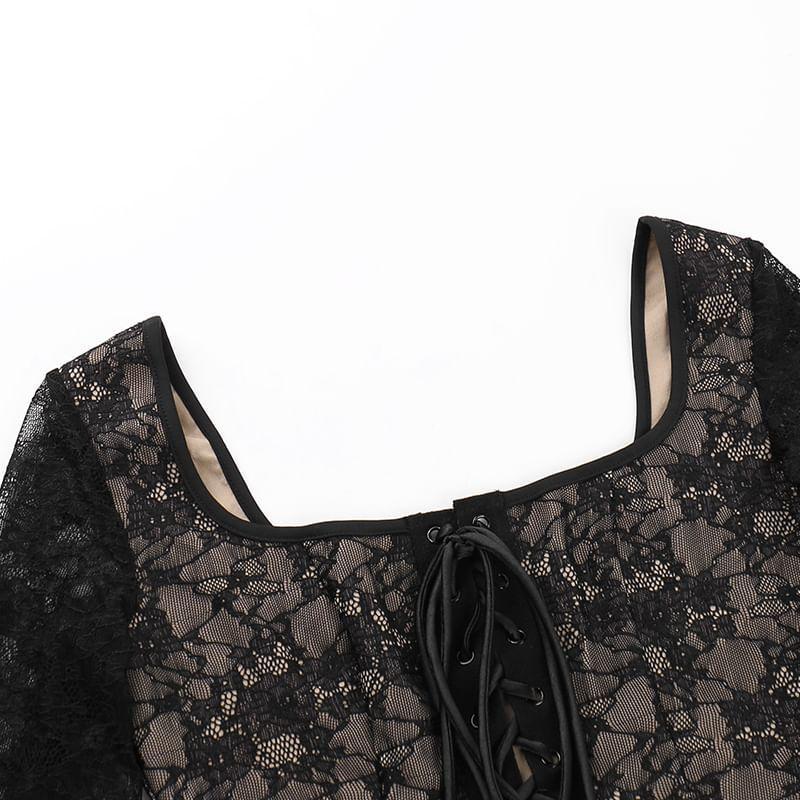Long Sleeve Square Neck Lace Up Panel Lace Maxi Sheath Dress Product Image